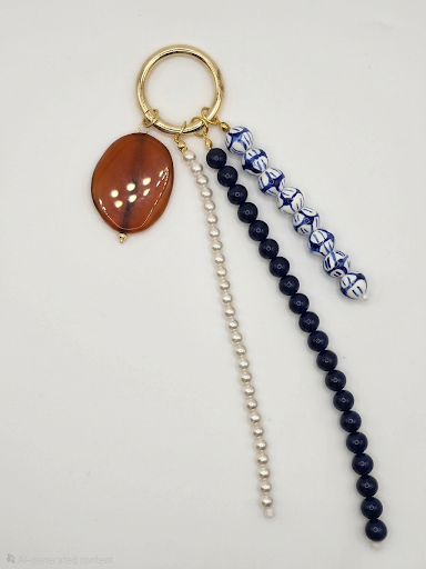 Handmade Multi-Strand Bag Charm - Chinoiserie & Pearl Purse Accessory - Blue & White Beaded Keychain - Bohemian Style Gift