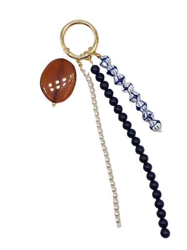 Handmade Multi-Strand Bag Charm - Chinoiserie & Pearl Purse Accessory - Blue & White Beaded Keychain - Bohemian Style Gift