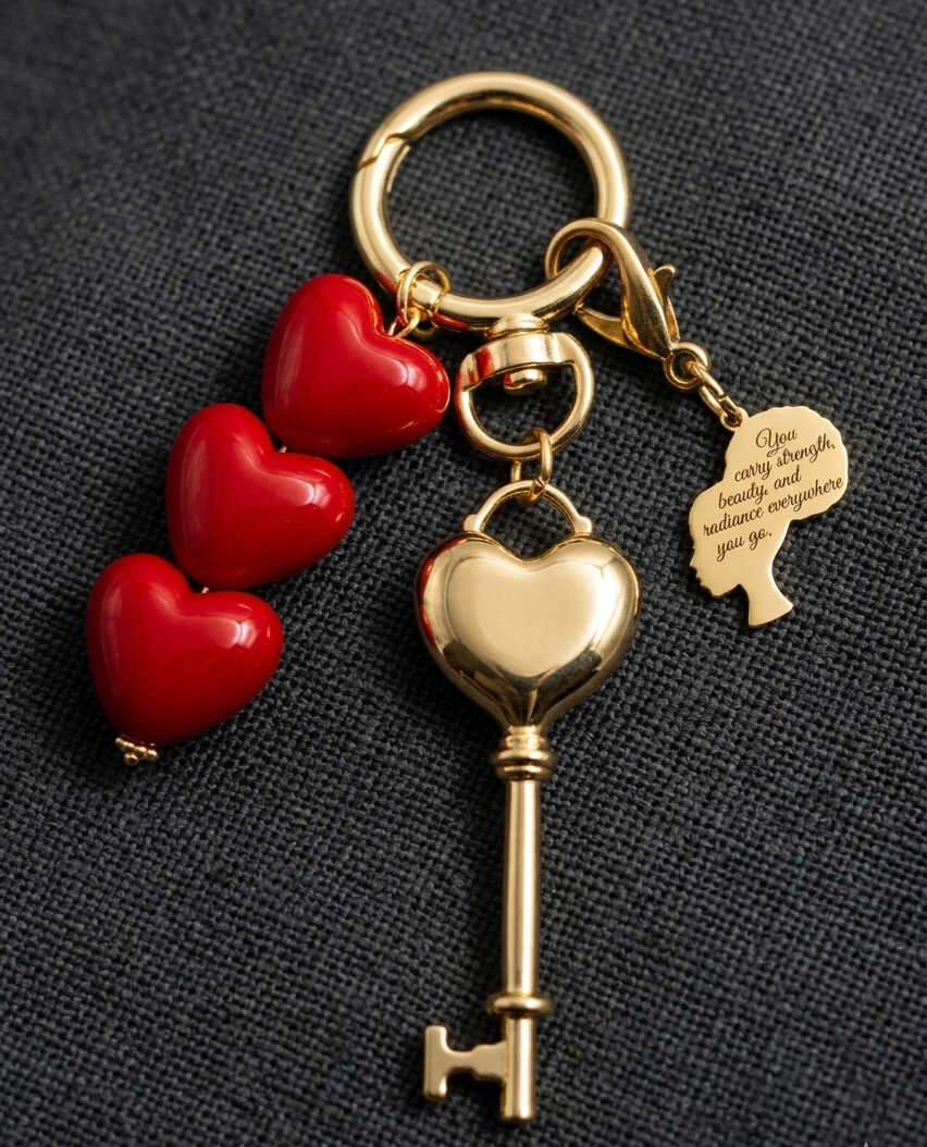 Personalized Gold Heart & Key Bag Charm | Custom Engraved Silhouette Keychain