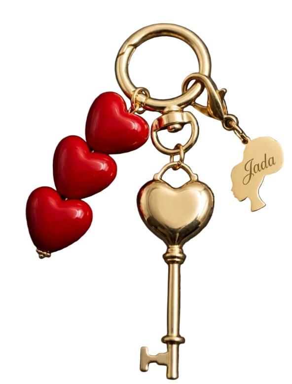 Personalized Gold Heart & Key Bag Charm | Custom Engraved Silhouette Keychain