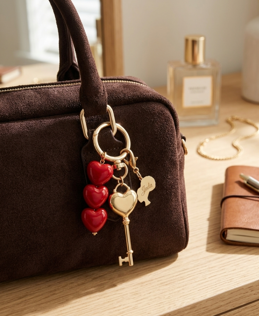 Personalized Gold Heart & Key Bag Charm | Custom Engraved Silhouette Keychain
