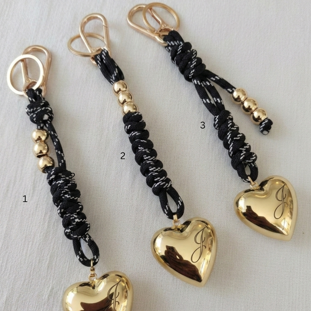 Gold Heart Paracord Keychain & Bag Charm | 3 Unique Styles - Complimentary Engraving