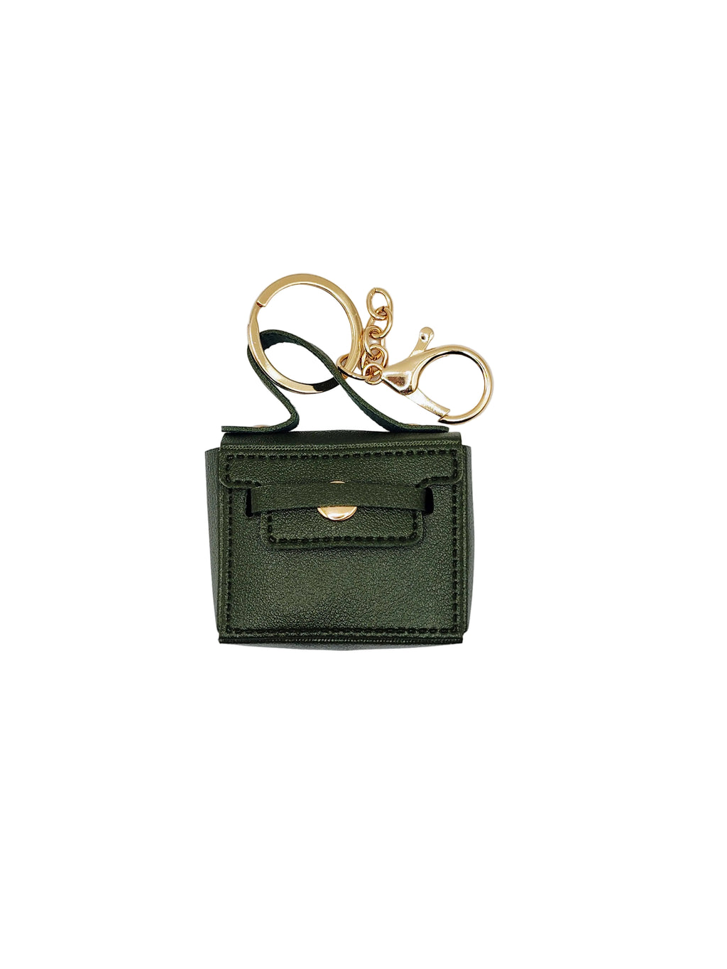 Green keychain pouch with gold clasp on a light gray background