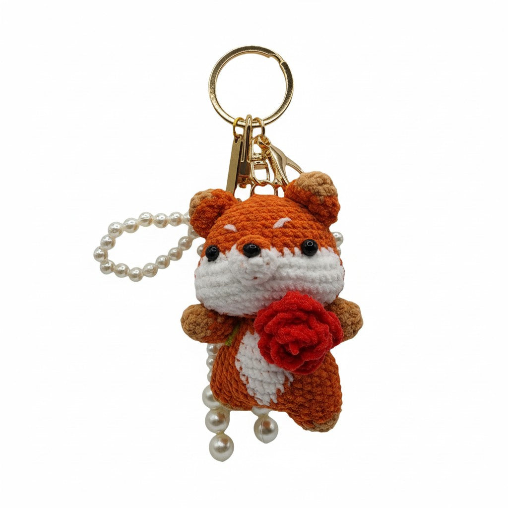 Personalized crochet fox bag charm bundle with engraved gold-tone tag, faux pearl tassels, and lobster clasp