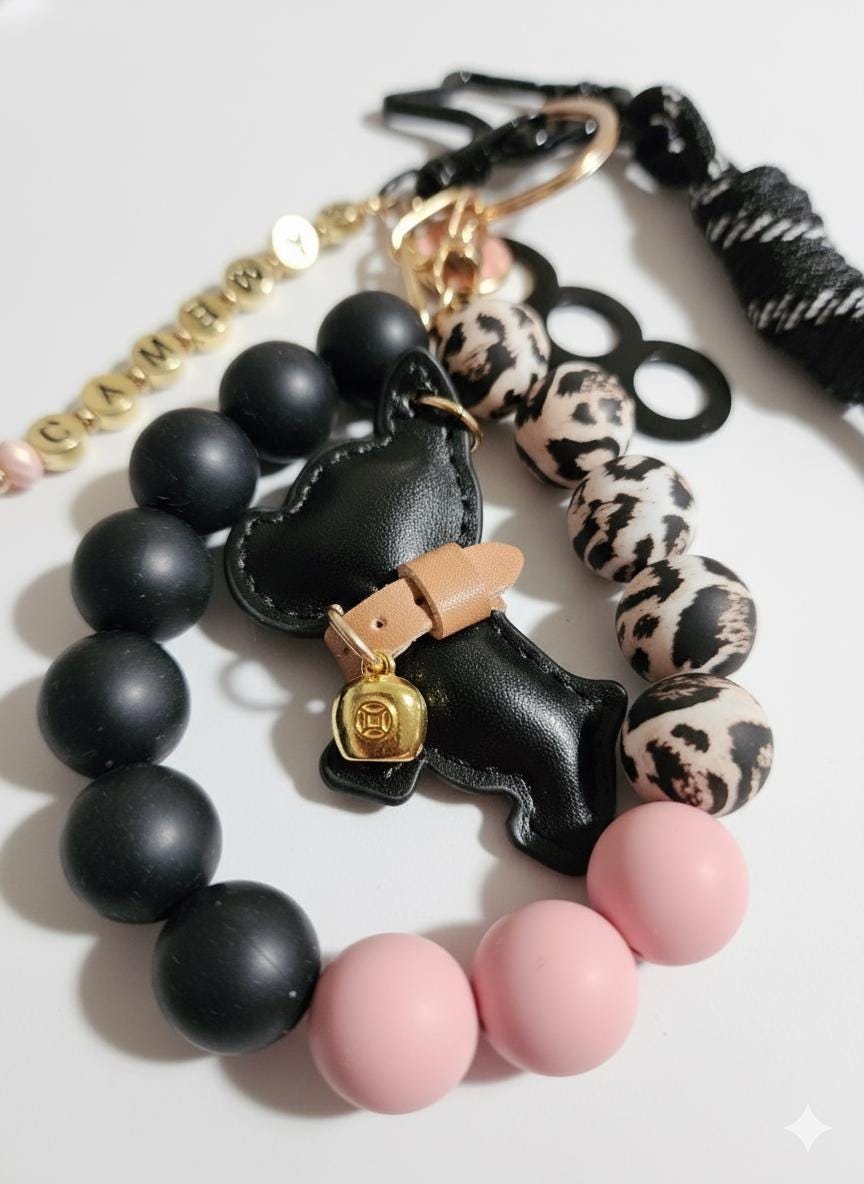 Silicone Beaded Keychain Wristlet with Dog Charm & Black/Leopard Print Lanyard
