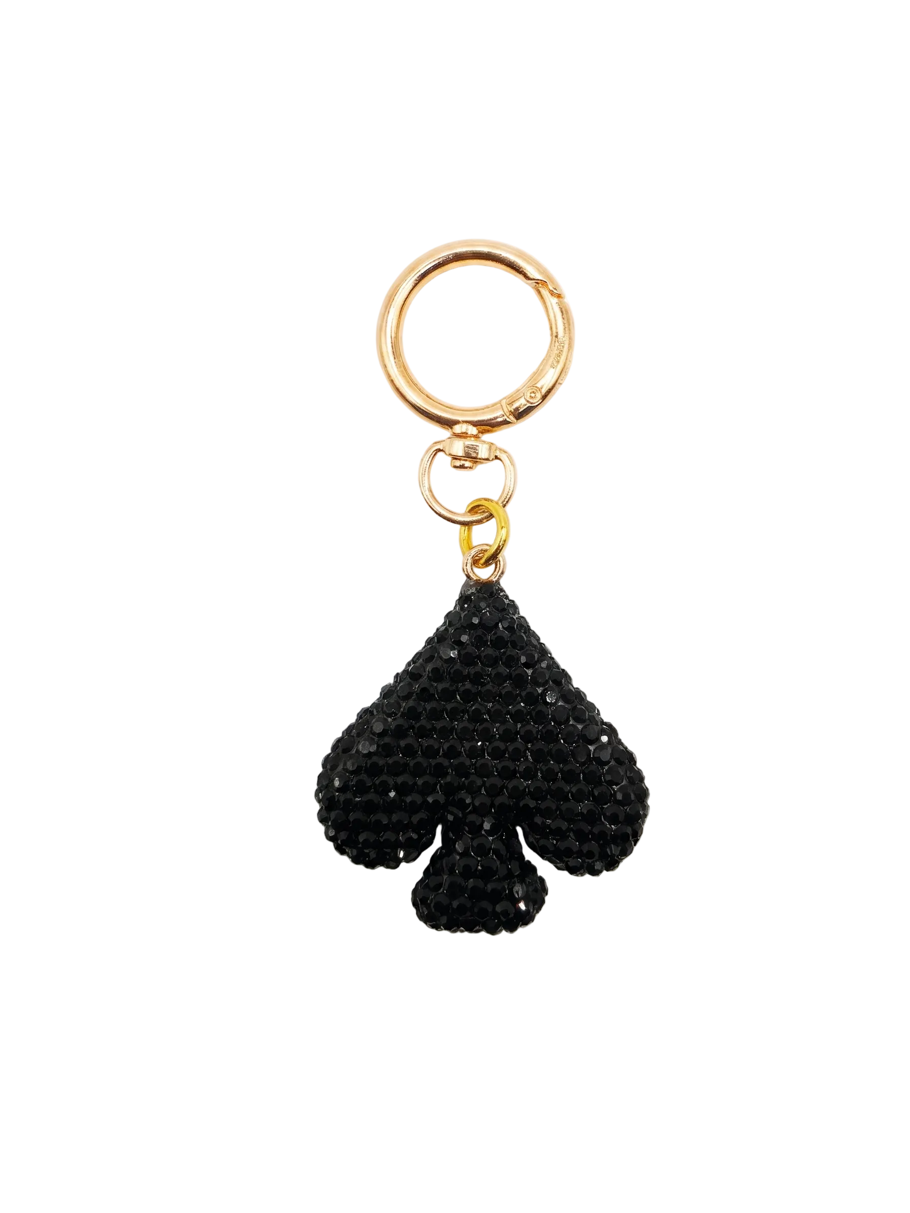 Black spade-shaped keychain with gold ring on a white background