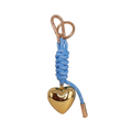 Gold heart-shaped keychain with blue rope on a white background