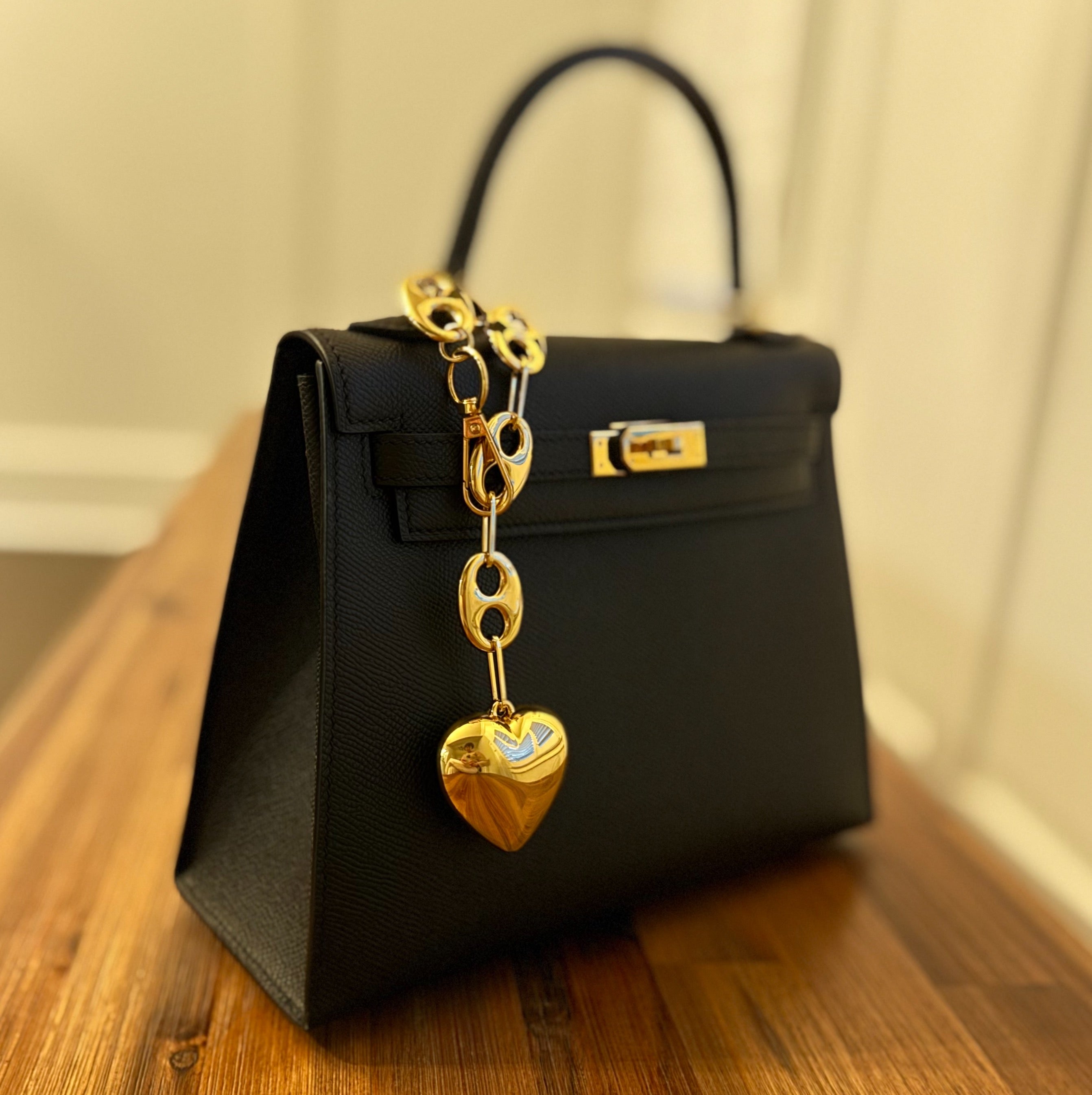 Chunky Gold Puffy Heart Bag Charm | Horse Bit Chain Purse Accessory