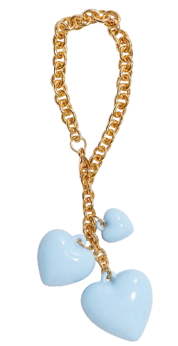 Gold chain with light blue heart-shaped pendants on a white background