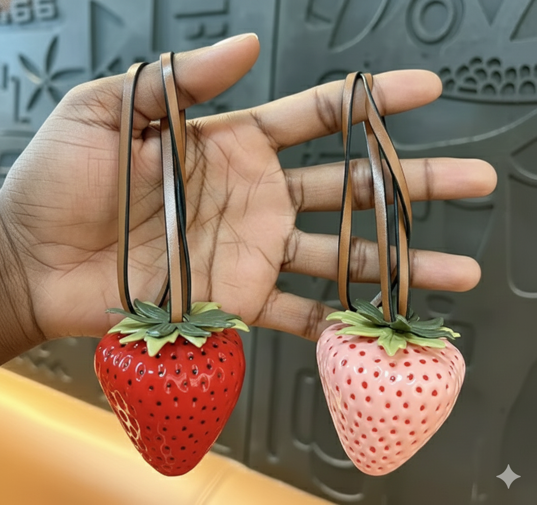 Glossy Strawberry Bag Charm Red and Pink Strawberry Purse Accessory