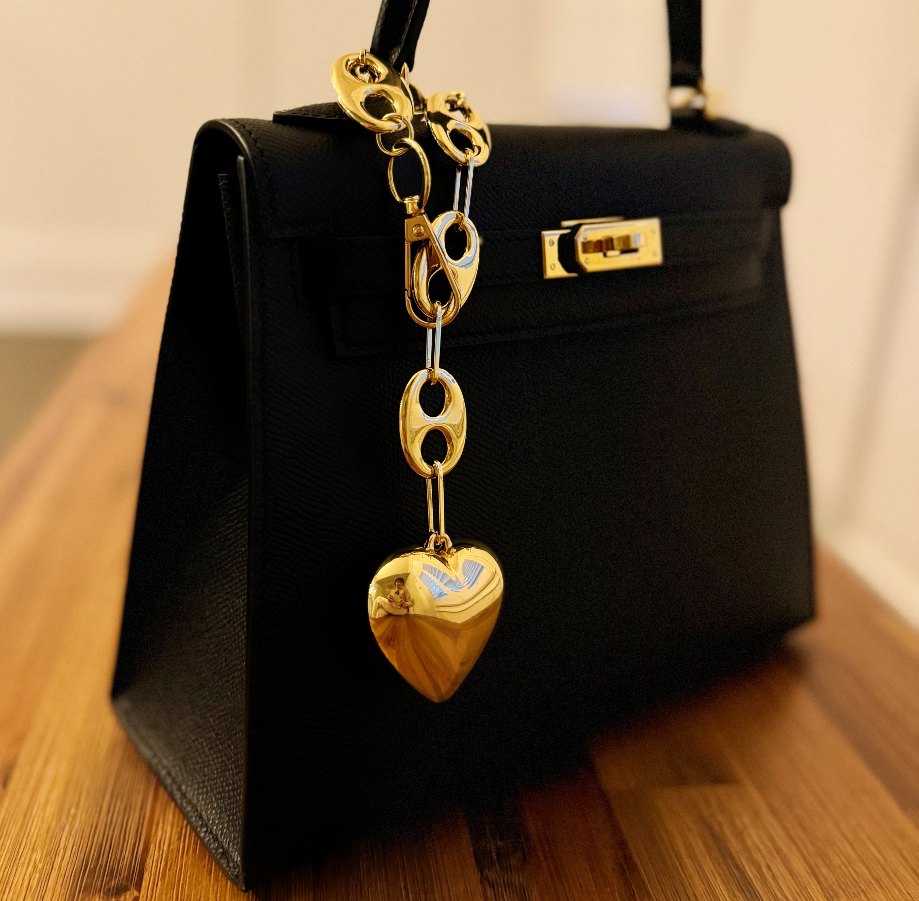 Chunky Gold Puffy Heart Bag Charm | Horse Bit Chain Purse Accessory