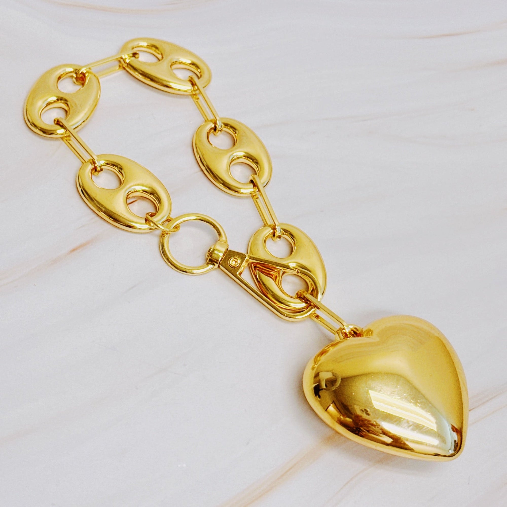 Chunky Gold Puffy Heart Bag Charm | Horse Bit Chain Purse Accessory