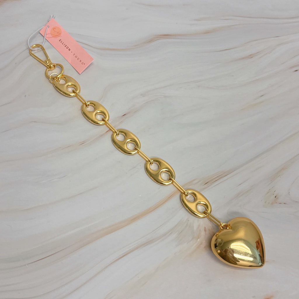 Chunky Gold Puffy Heart Bag Charm | Horse Bit Chain Purse Accessory