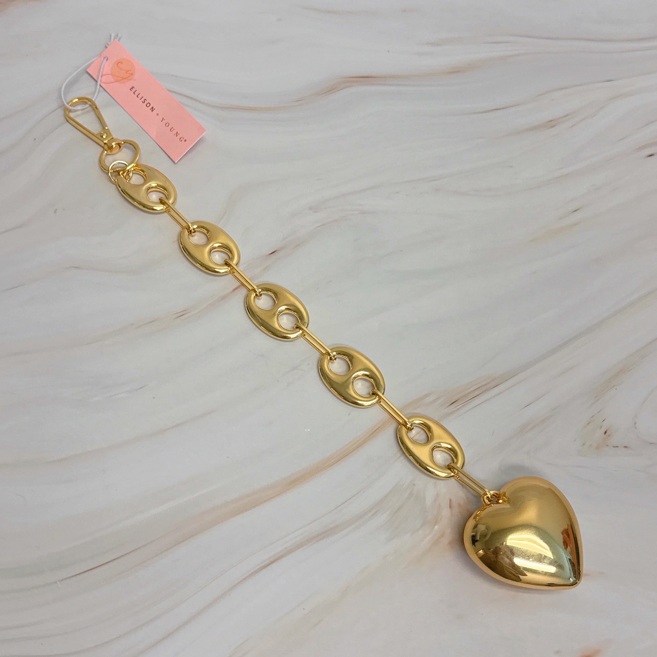 Chunky Gold Puffy Heart Bag Charm | Horse Bit Chain Purse Accessory