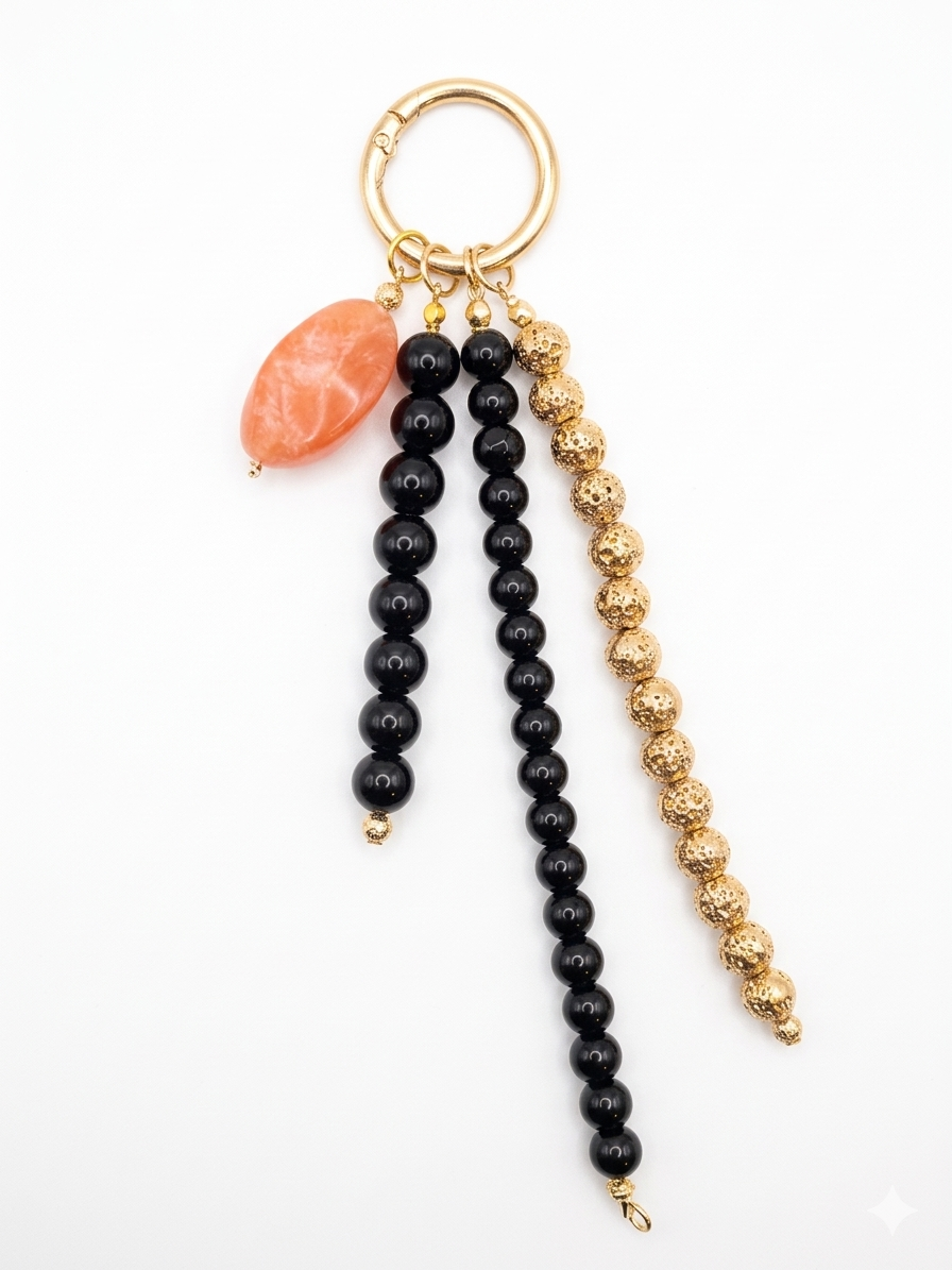 Artisan Marbled Coral Stone & Textured Gold Bead Bag Charm - Glossy Black Onyx Beaded