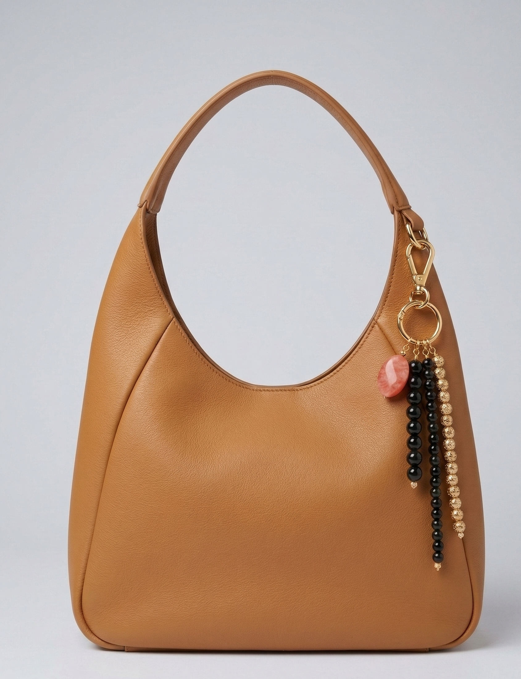 Artisan Marbled Coral Stone & Textured Gold Bead Bag Charm - Glossy Black Onyx Beaded