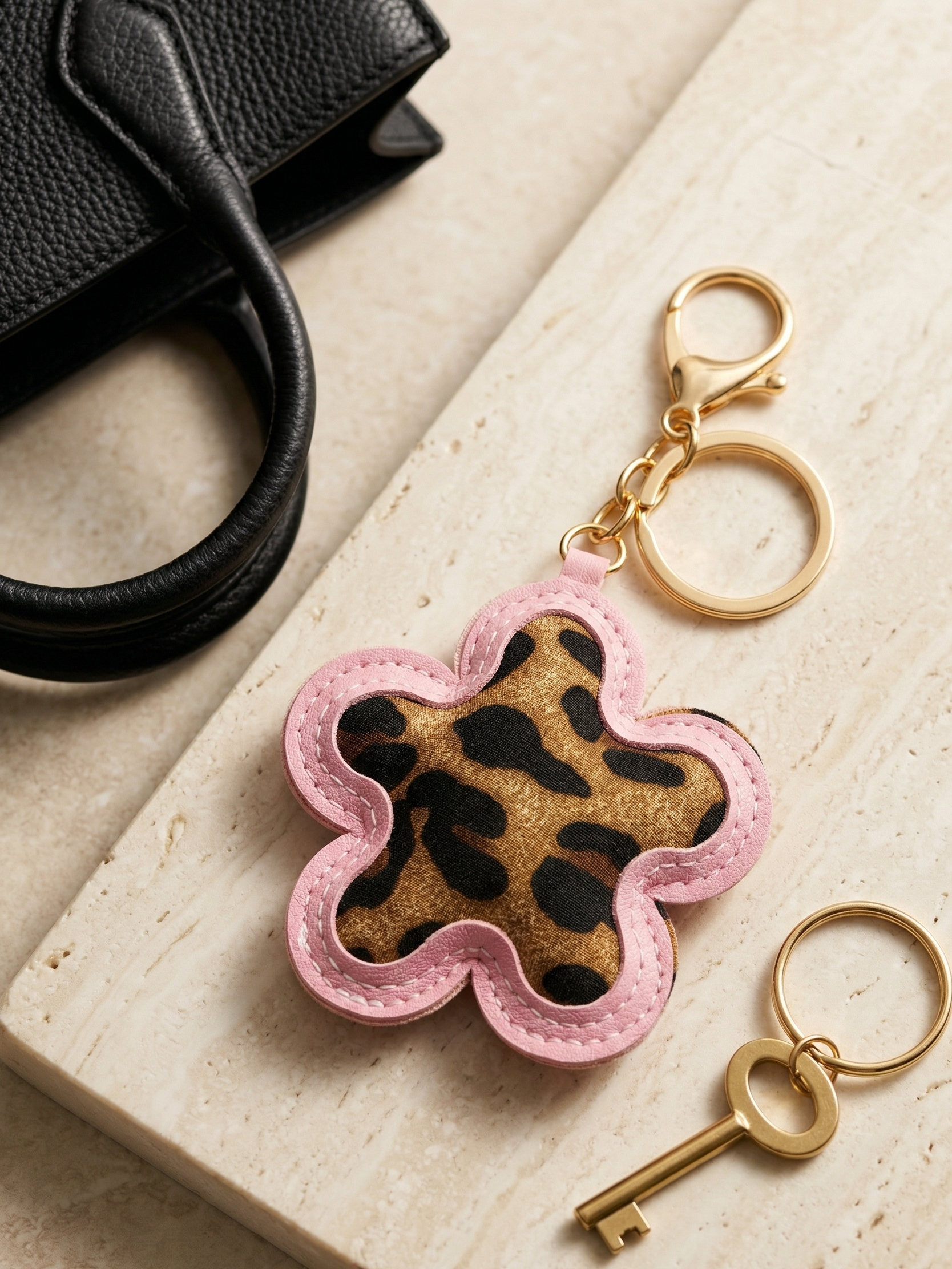 Leopard print keychain with pink border and gold key on a beige surface