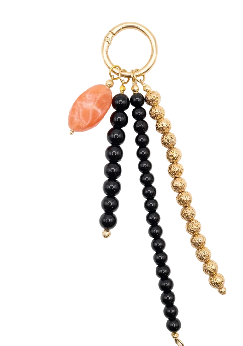 Artisan Marbled Coral Stone & Textured Gold Bead Bag Charm - Glossy Black Onyx Beaded
