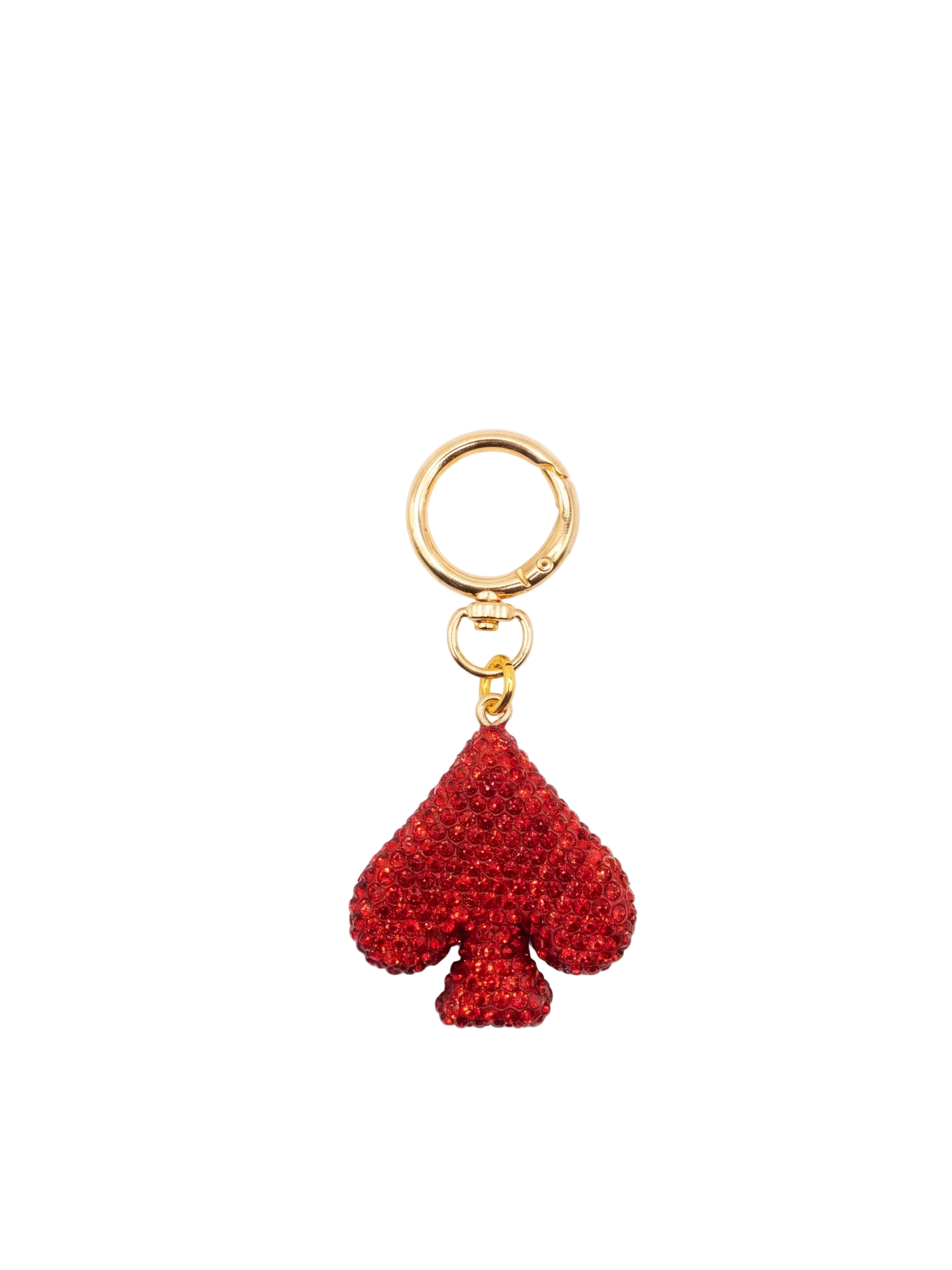 Red heart-shaped keychain with gold ring on a white background