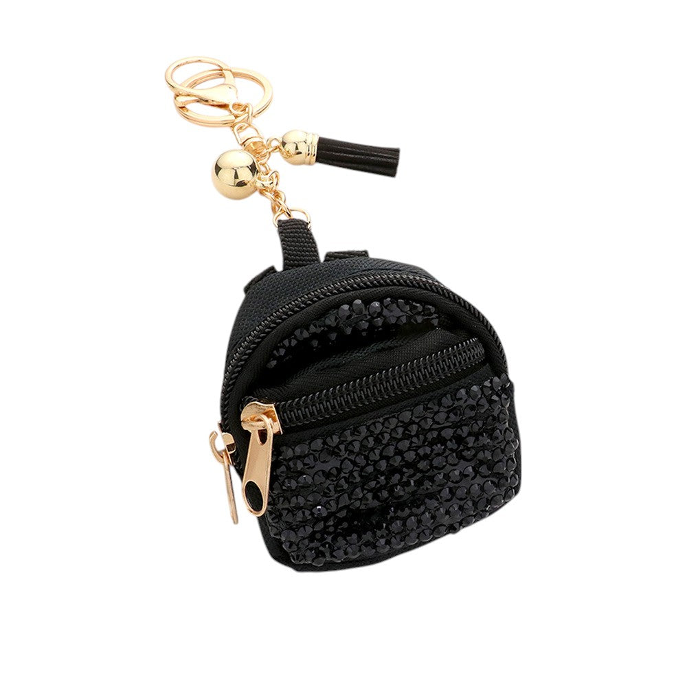 Black beaded keychain pouch with gold accents on a white background
