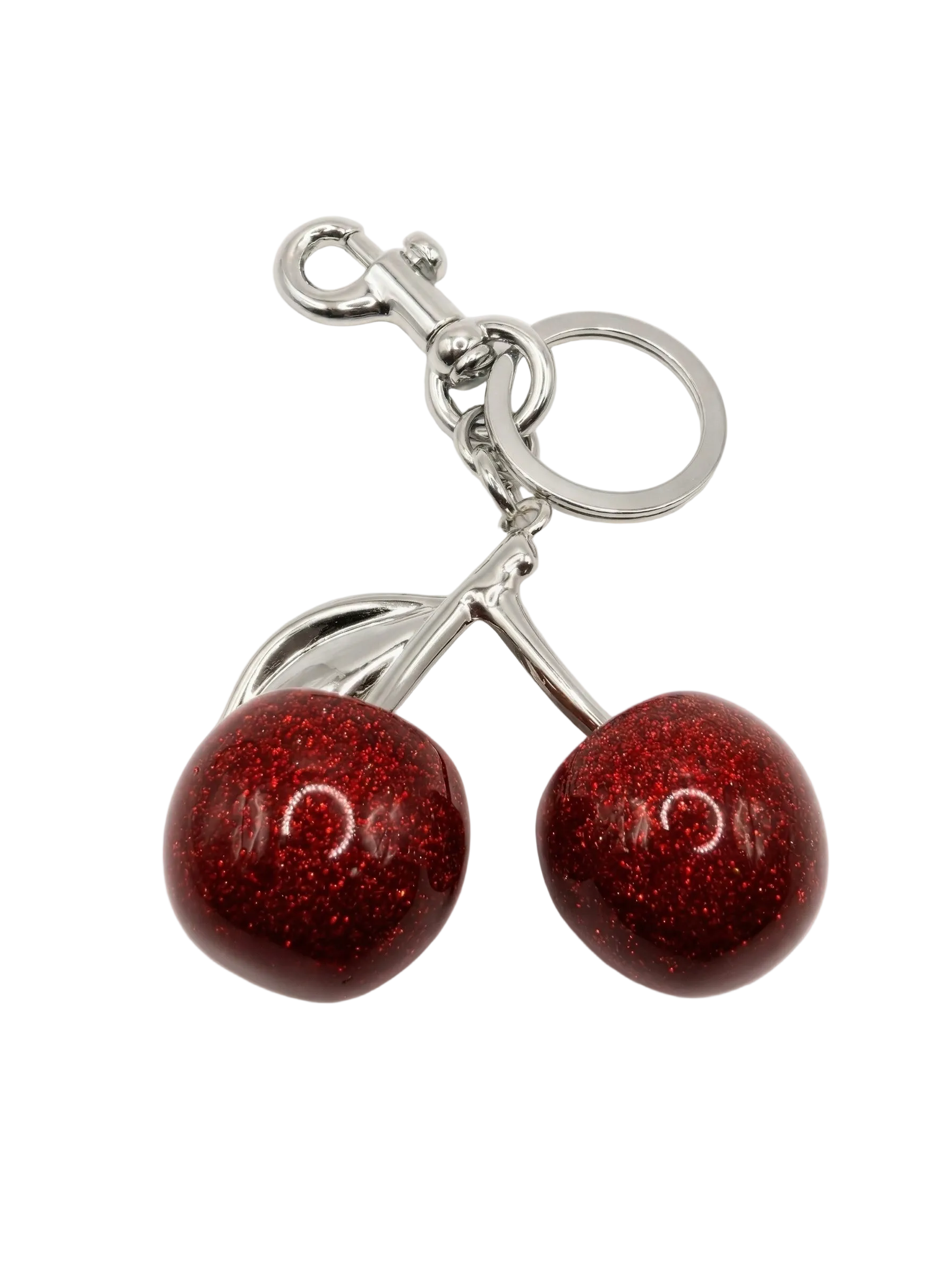 Sparkling Red Glitter Cherry Bag Charm with glossy resin cherries and silver-toned split ring and lobster clasp