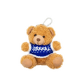 Plush teddy bear keychain with a blue sweater on a white background