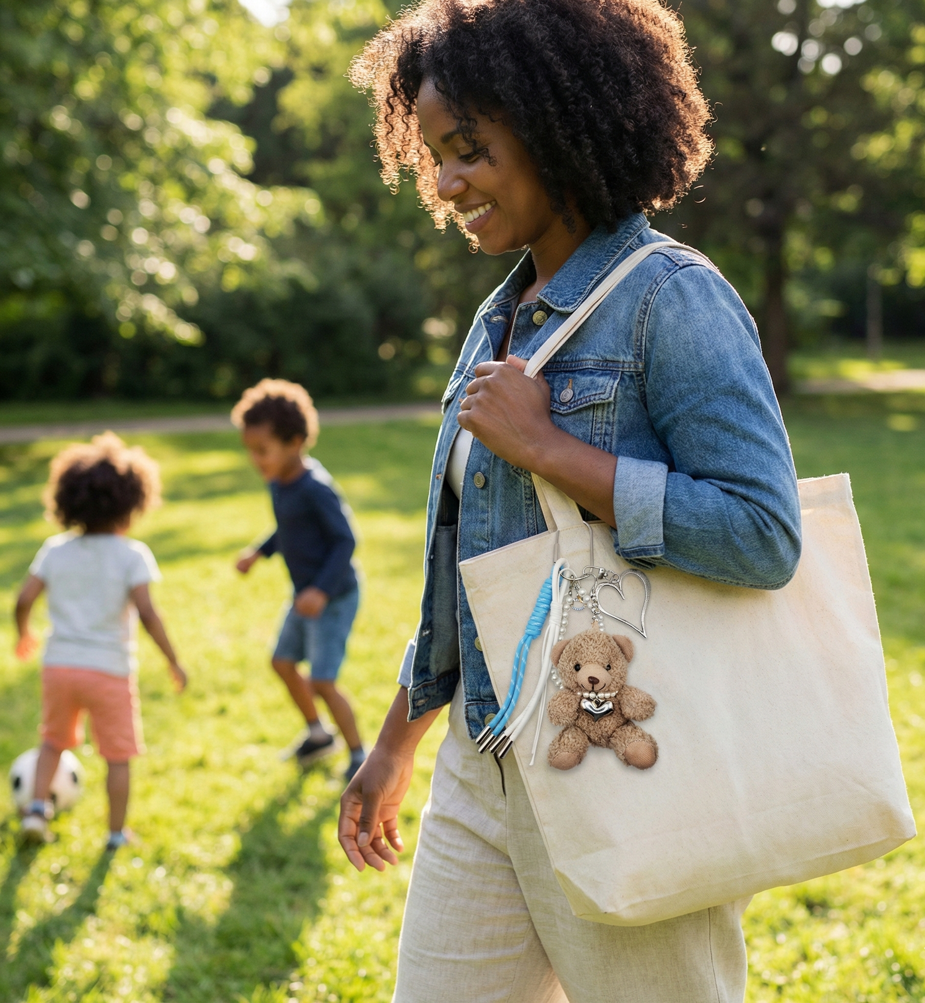 Cute Teddy Bear Bag Charm with Pearl Necklace, Silver Heart, and Braided Cords