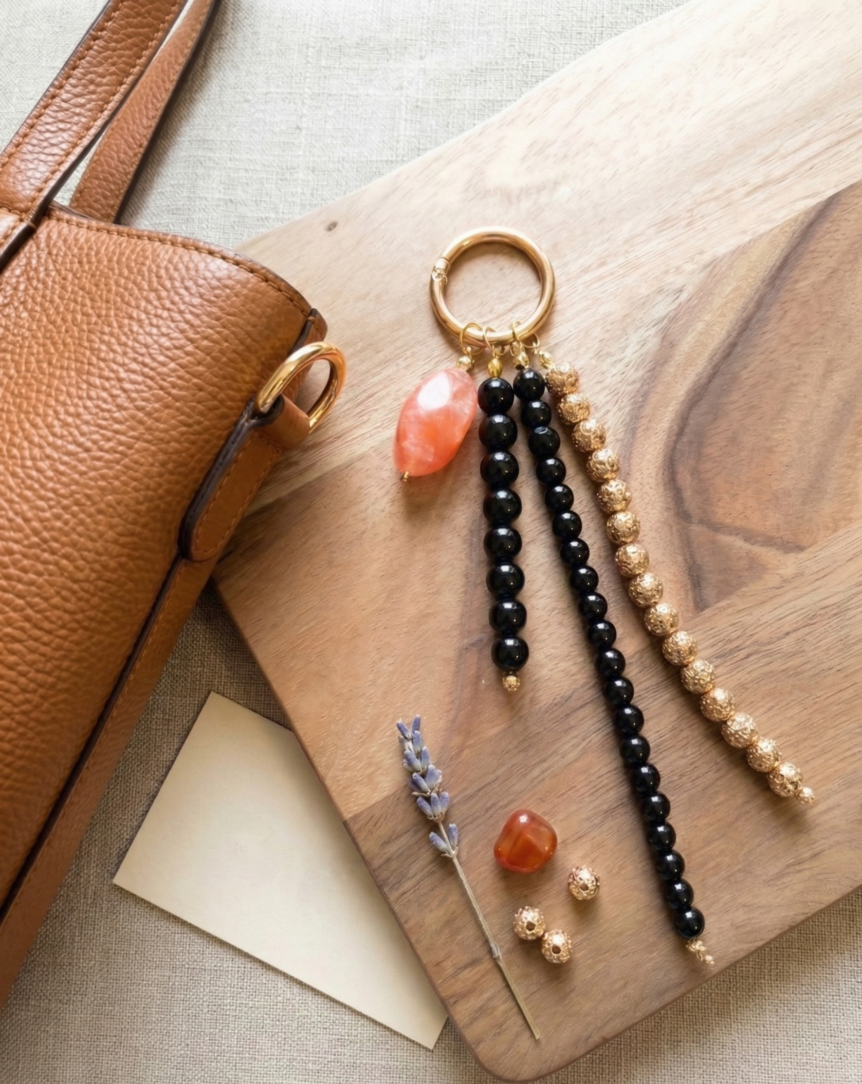 Artisan Marbled Coral Stone & Textured Gold Bead Bag Charm - Glossy Black Onyx Beaded