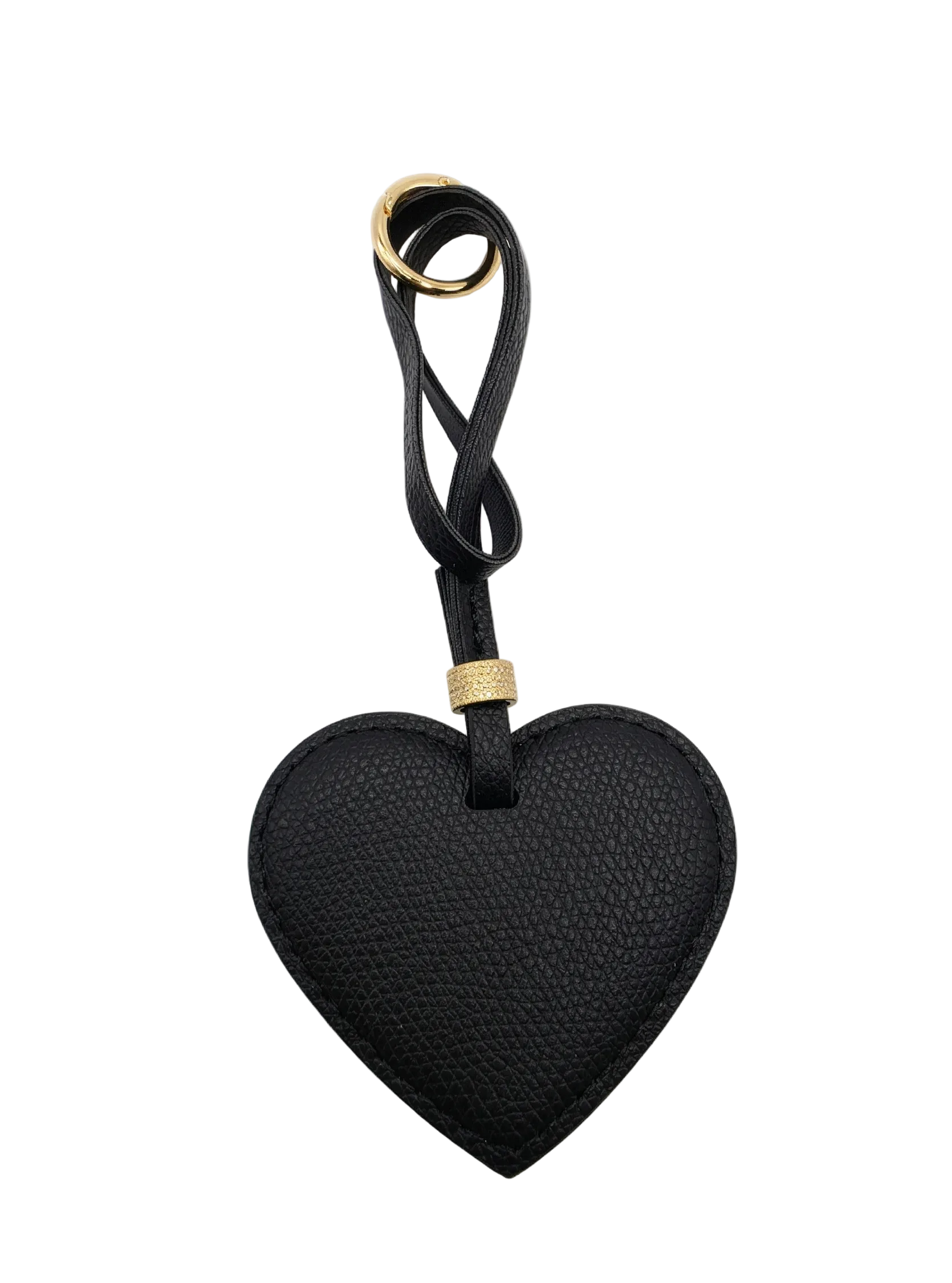 Black heart-shaped keychain with a strap on a white background