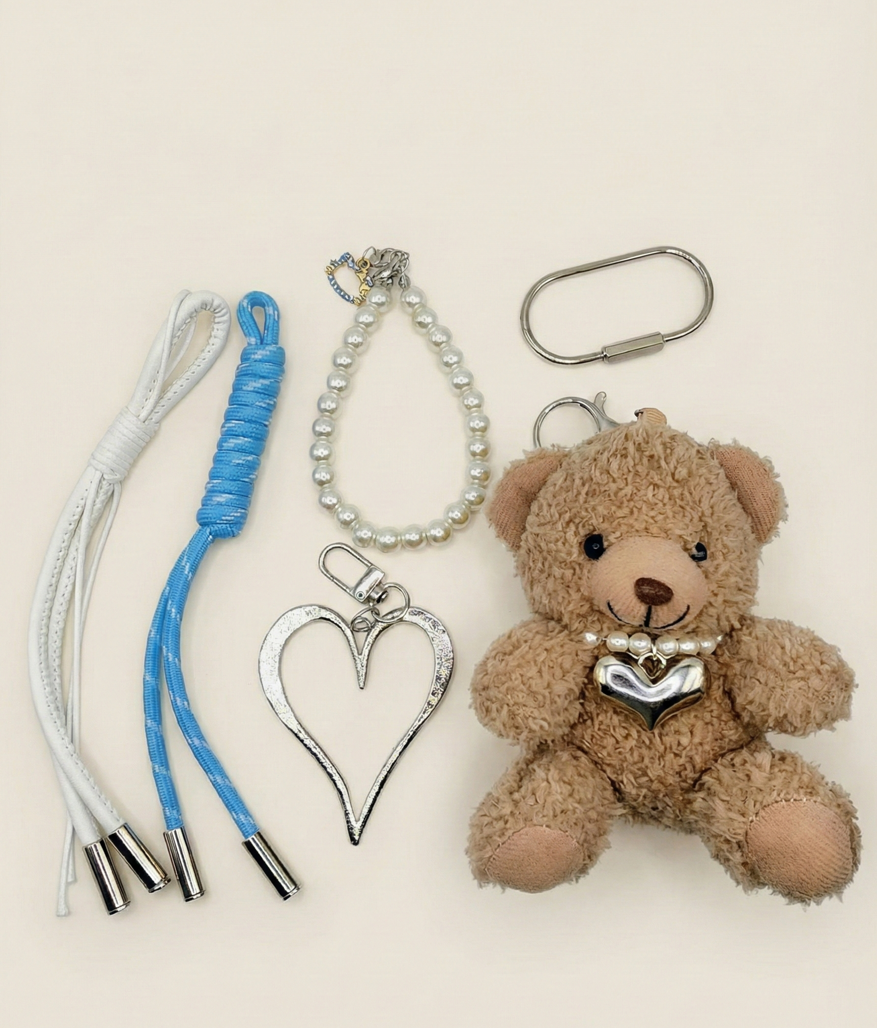 Cute Teddy Bear Bag Charm with Pearl Necklace, Silver Heart, and Braided Cords
