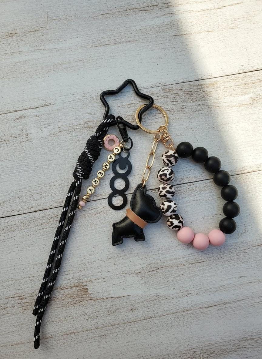 Silicone Beaded Keychain Wristlet with Dog Charm & Black/Leopard Print Lanyard