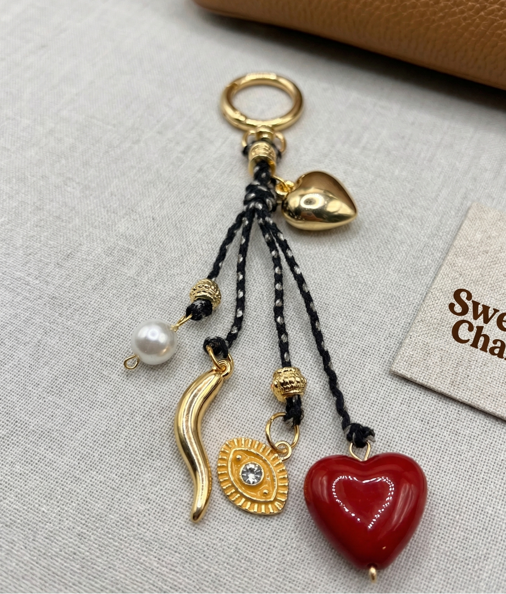Keychain with heart and gold charms on a textured surface with a brand tag.
