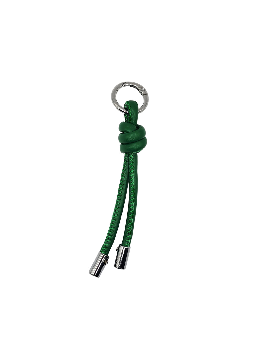 Green knotted keychain with silver clasp on a white background