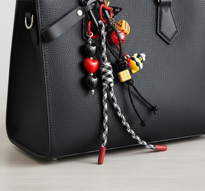 Black & Red Heart Keychain with Dice and Apple Charm | Gamer Gift | Bag Charm