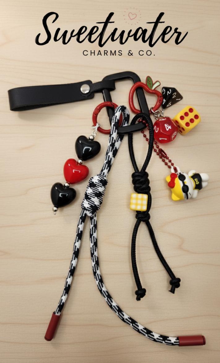 Black & Red Heart Keychain with Dice and Apple Charm | Gamer Gift | Bag Charm