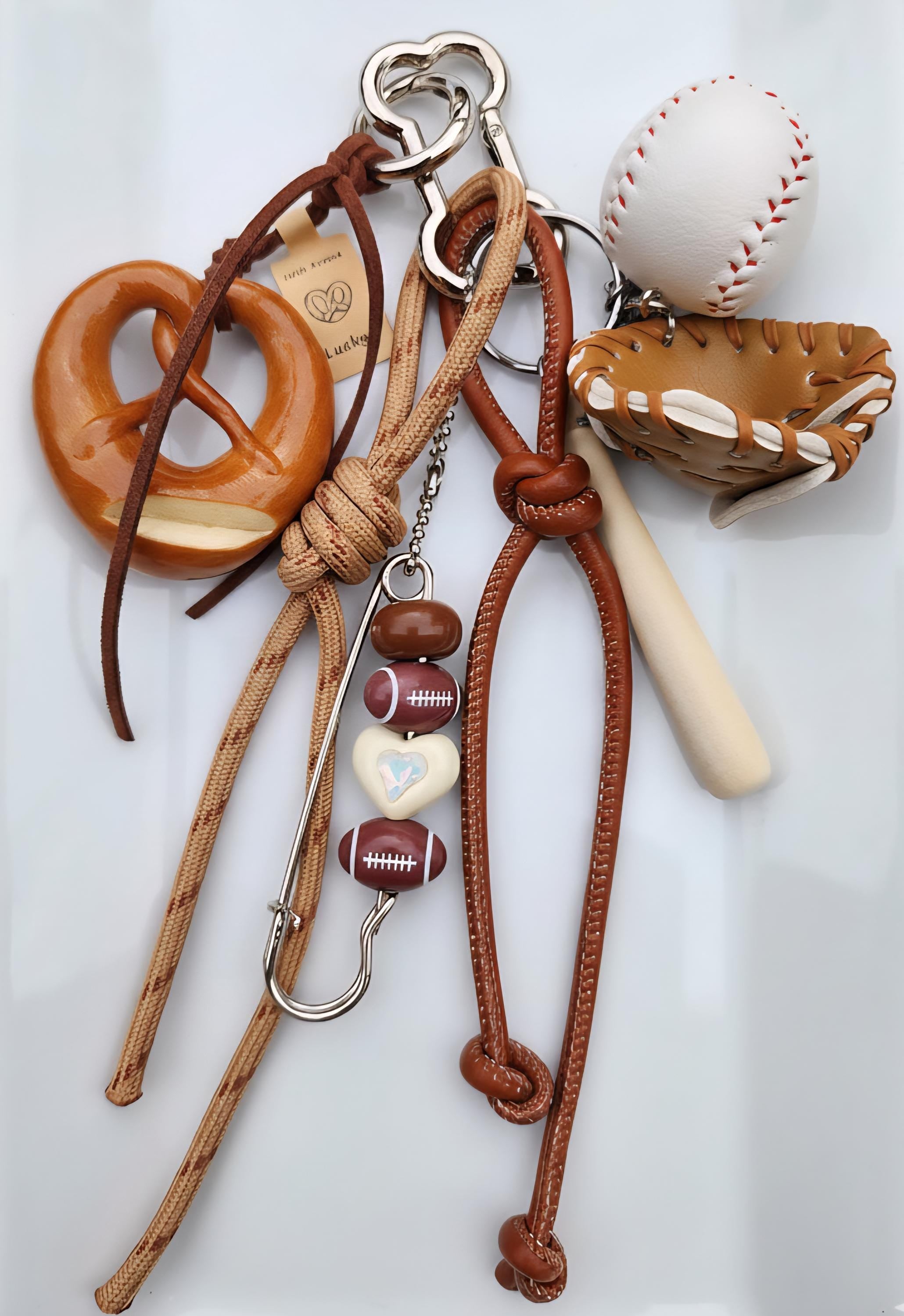 Sports & Snack Lover's Delight Bag Charm - Baseball, Football, and Pretzel Keychain