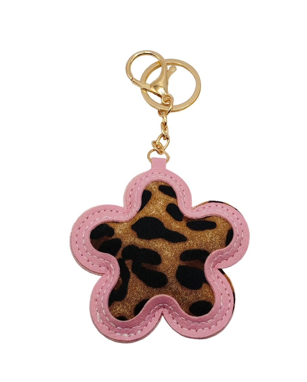 Wild Star bag charm with leopard print center, gold hardware, and pink or brown leatherette trim