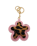 Wild Star bag charm with leopard print center, gold hardware, and pink or brown leatherette trim