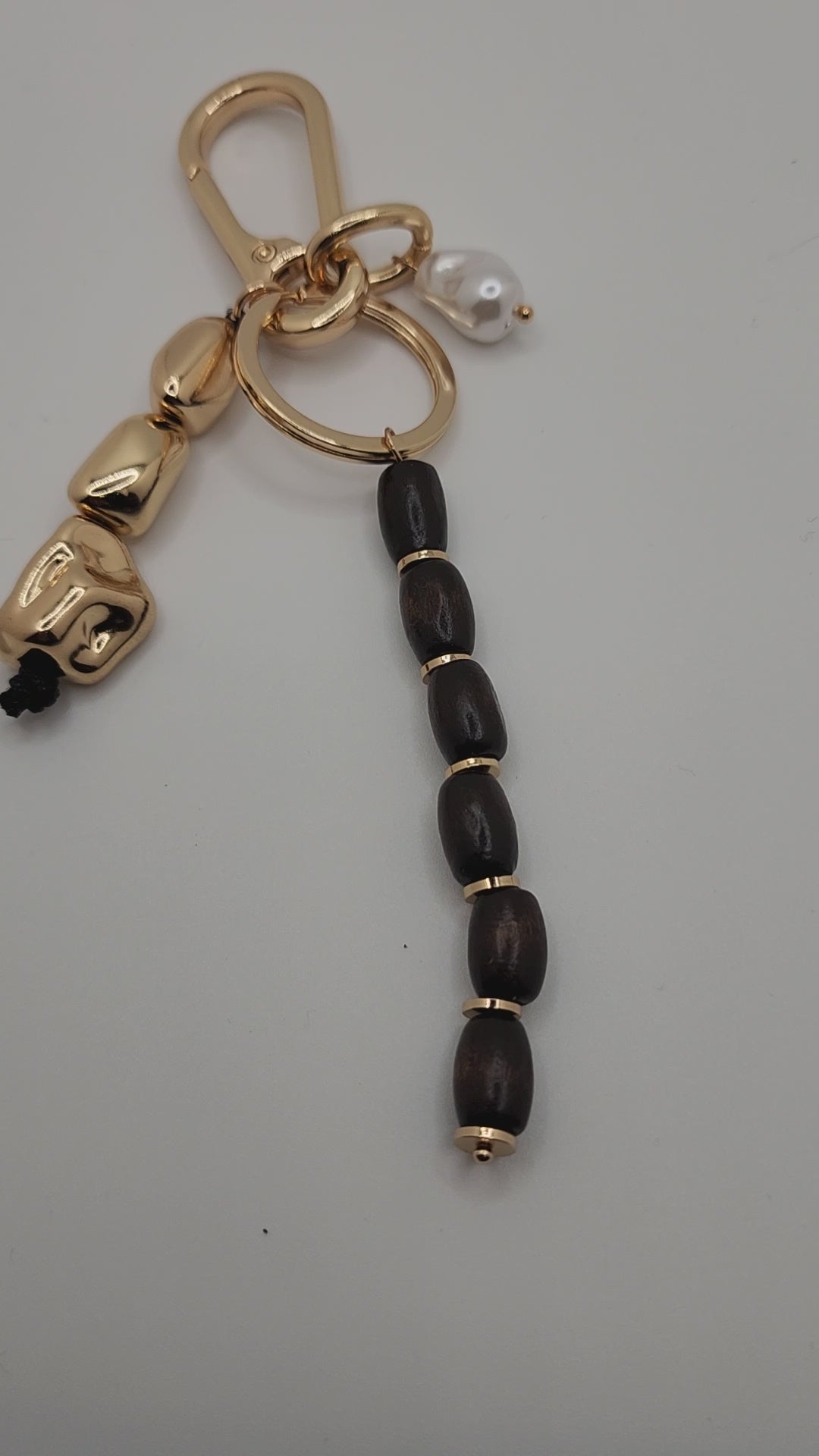 Sculptural Wood & Pearl Keychain