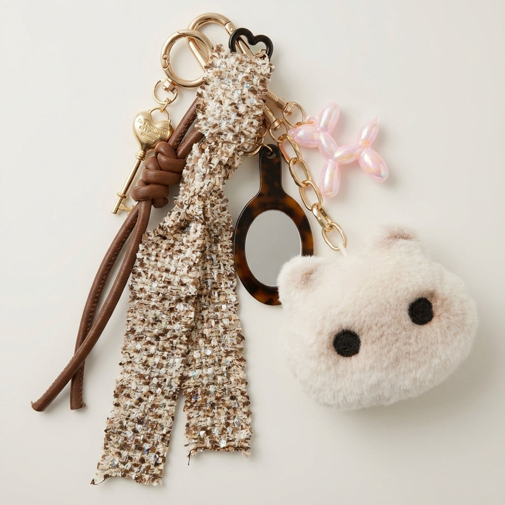 Coquette Bag Charm Stack – Balloon Dog & Plush Cat Keychain Accessory – Y2K Purse Charm
