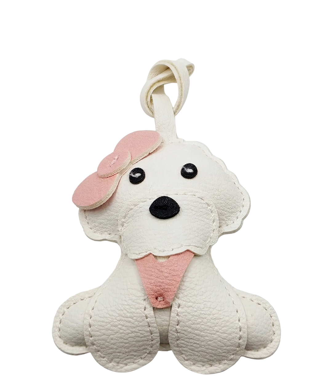 White dog-shaped keychain with a pink bow on a light gray background