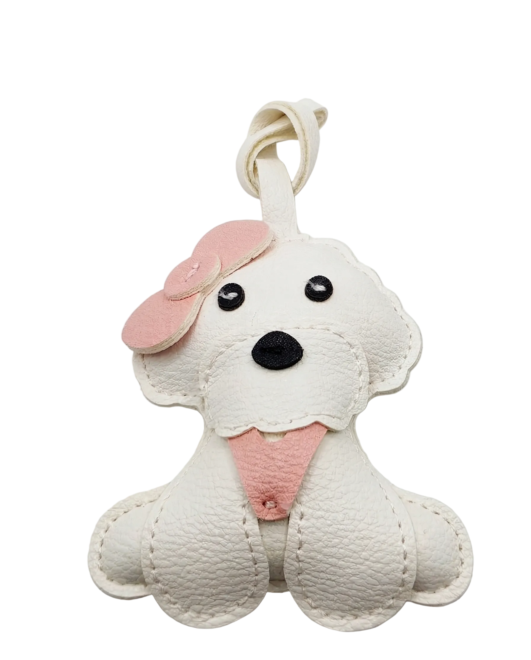 White dog-shaped keychain with a pink bow on a light gray background