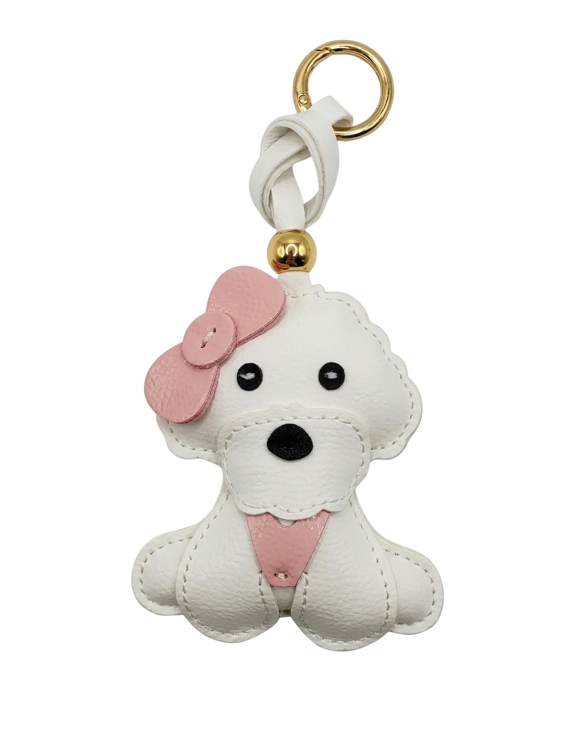 White dog-shaped keychain with a pink bow on a white background