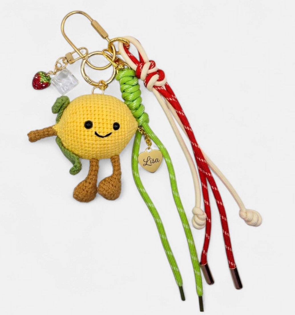 Personalized Strawberry Lemonade Amigurumi & Macrame Bag Charm