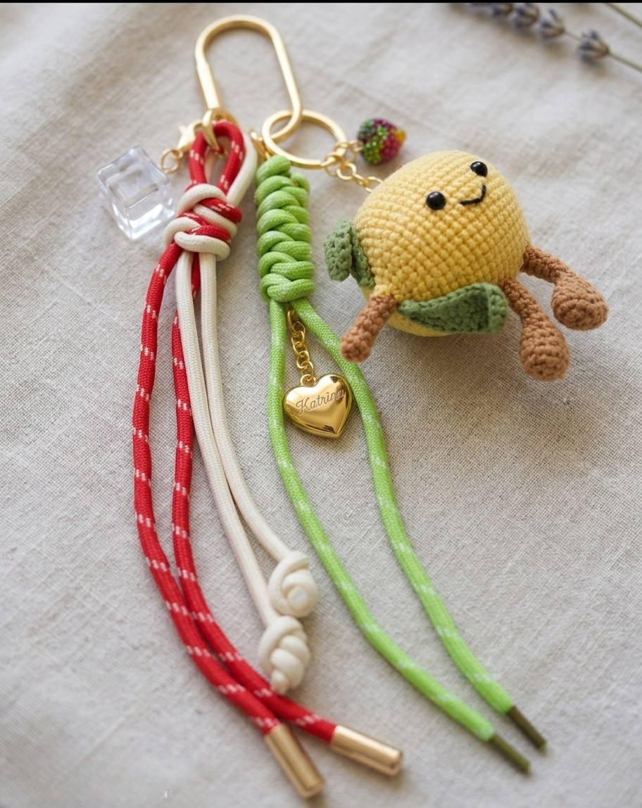Personalized Strawberry Lemonade Amigurumi & Macrame Bag Charm