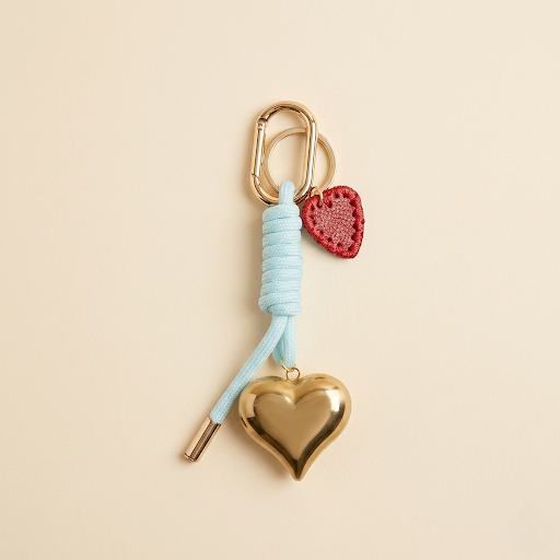 Gold Heart Bag Charm, Light Blue Nautical Cord Keychain
