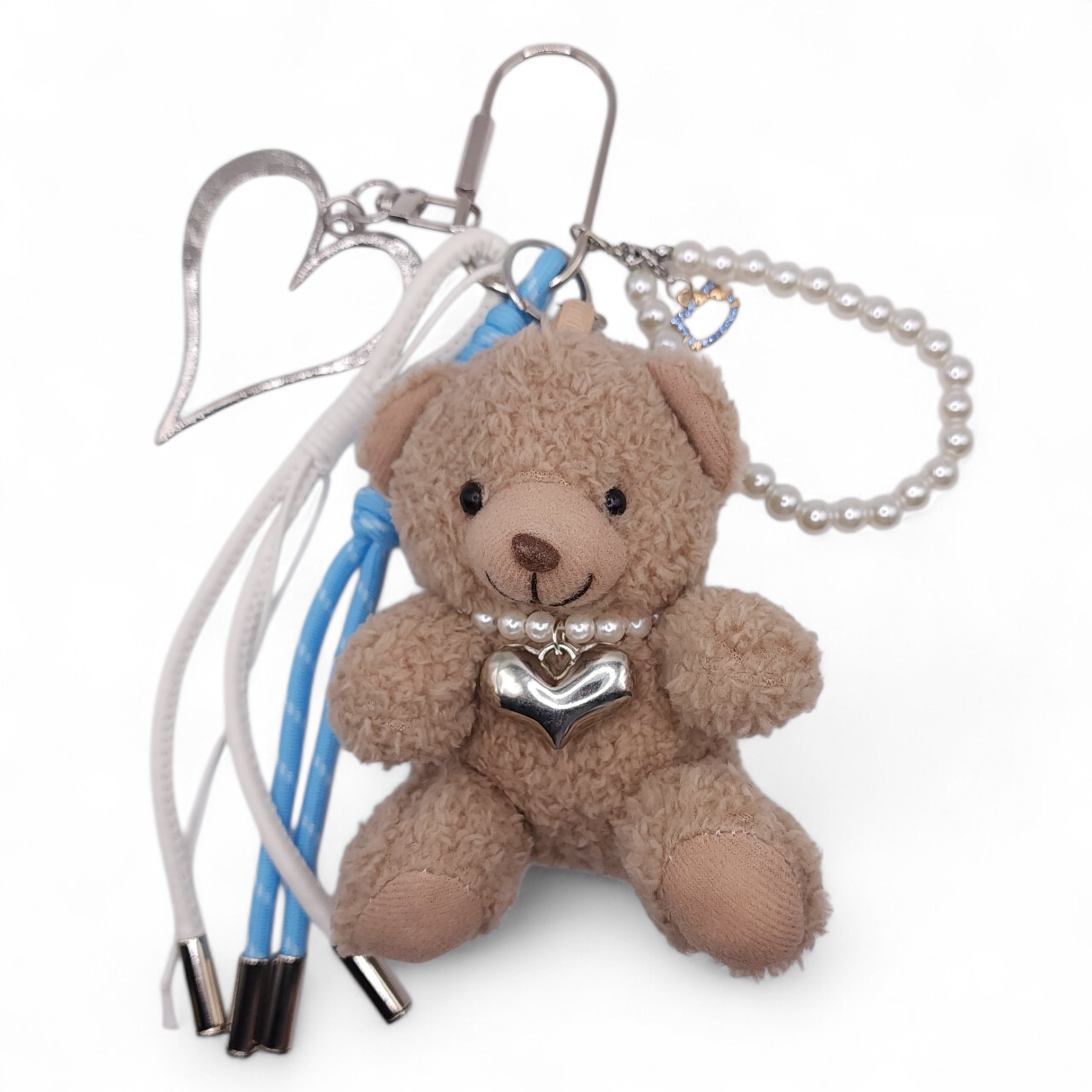 Cute Teddy Bear Bag Charm with Pearl Necklace, Silver Heart, and Braided Cords