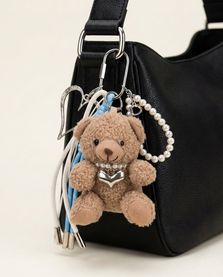 Cute Teddy Bear Bag Charm with Pearl Necklace, Silver Heart, and Braided Cords