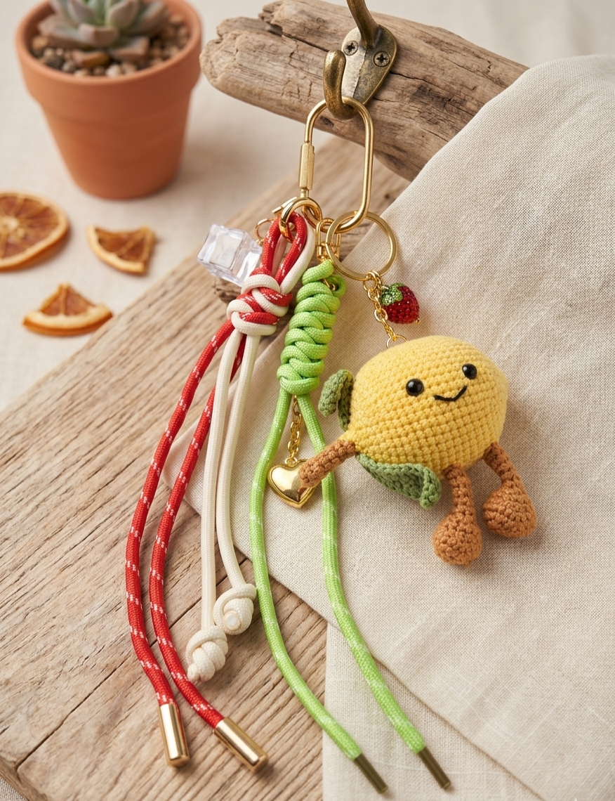 Personalized Strawberry Lemonade Amigurumi & Macrame Bag Charm