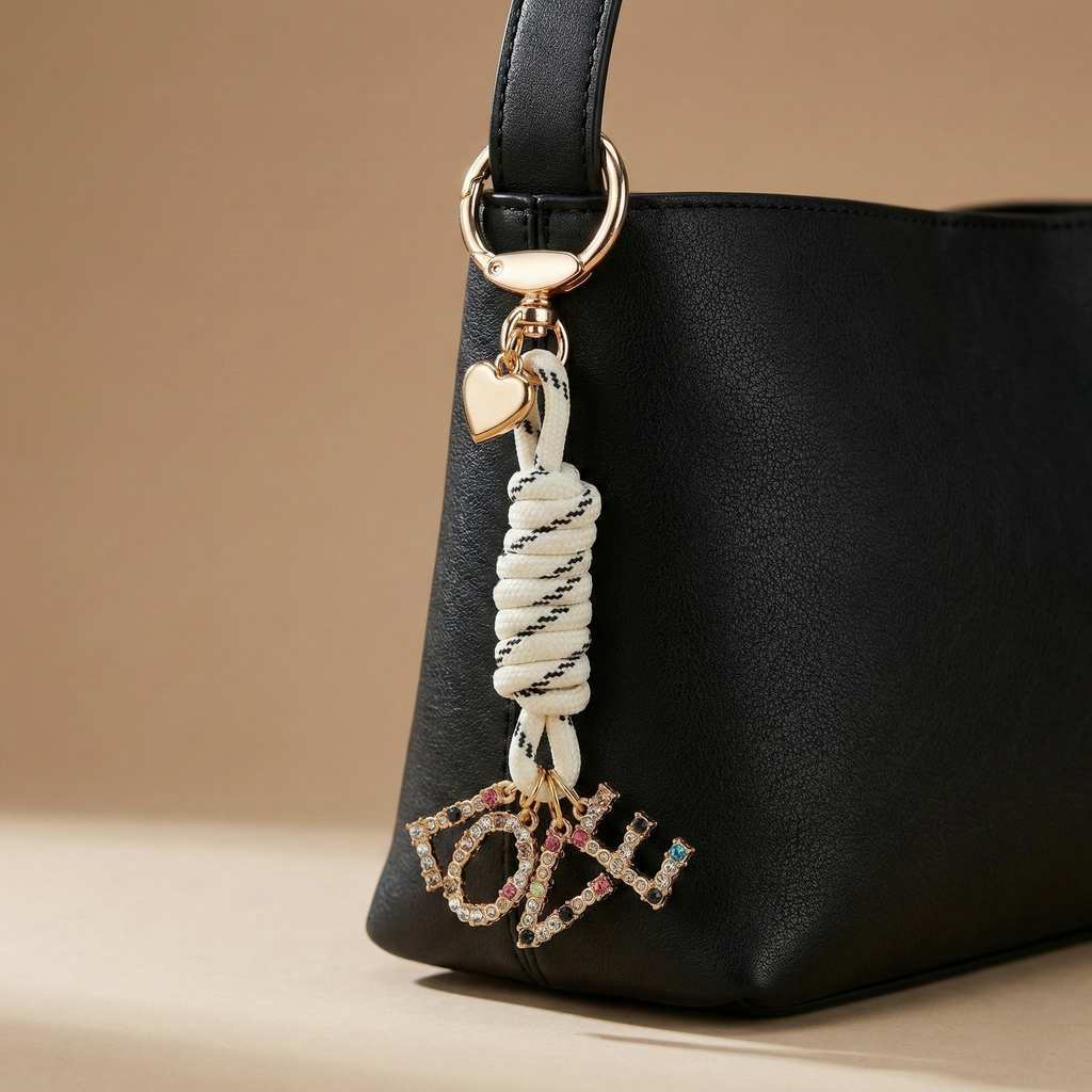 Boho Luxe "LOVE" Bag Charm - Crystal Letter Keychain with Braided Cord & Heart Detail
